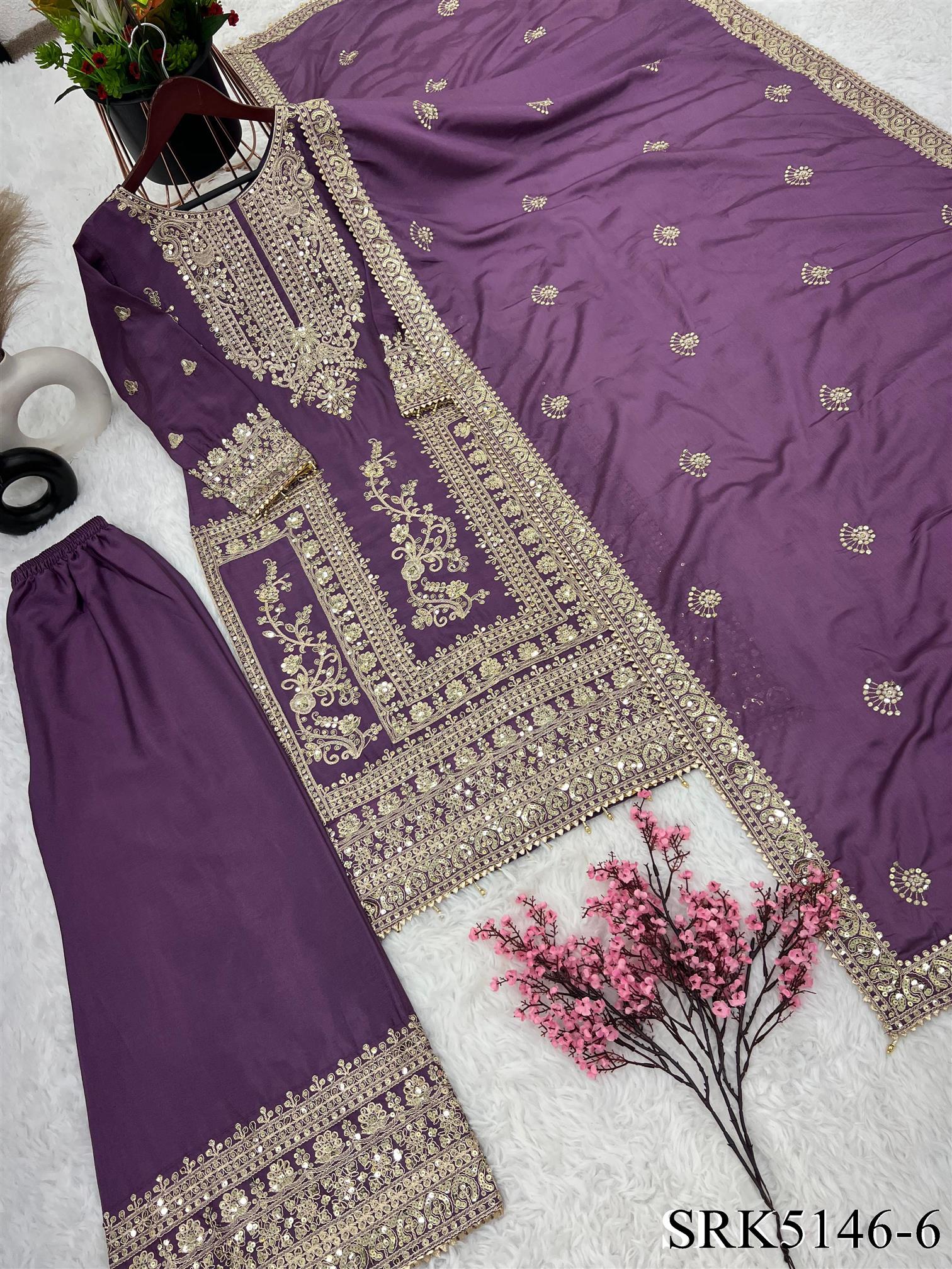 Pure Chinnon Silk Heavy Embroidery Coding Dori-Sequence Work With Full Sleeve