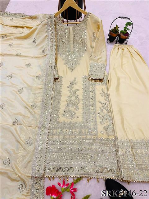 Pure Chinnon Silk Heavy Embroidery Coding Dori-Sequence Work With Full Sleeve