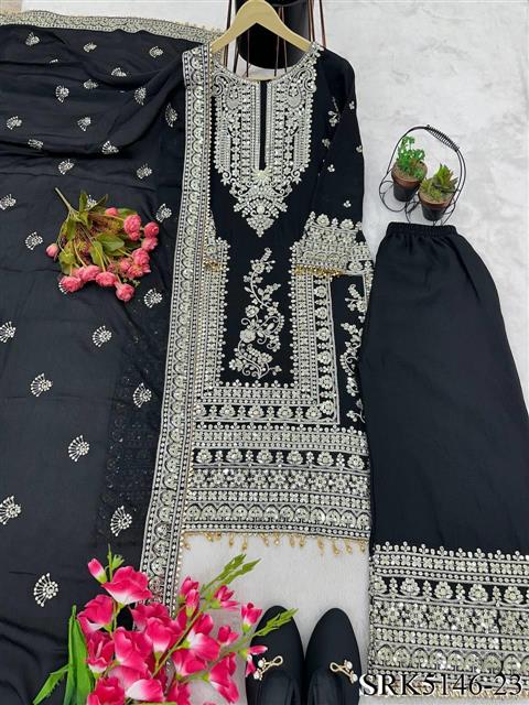 Pure Chinnon Silk Heavy Embroidery Coding Dori-Sequence Work With Full Sleeve