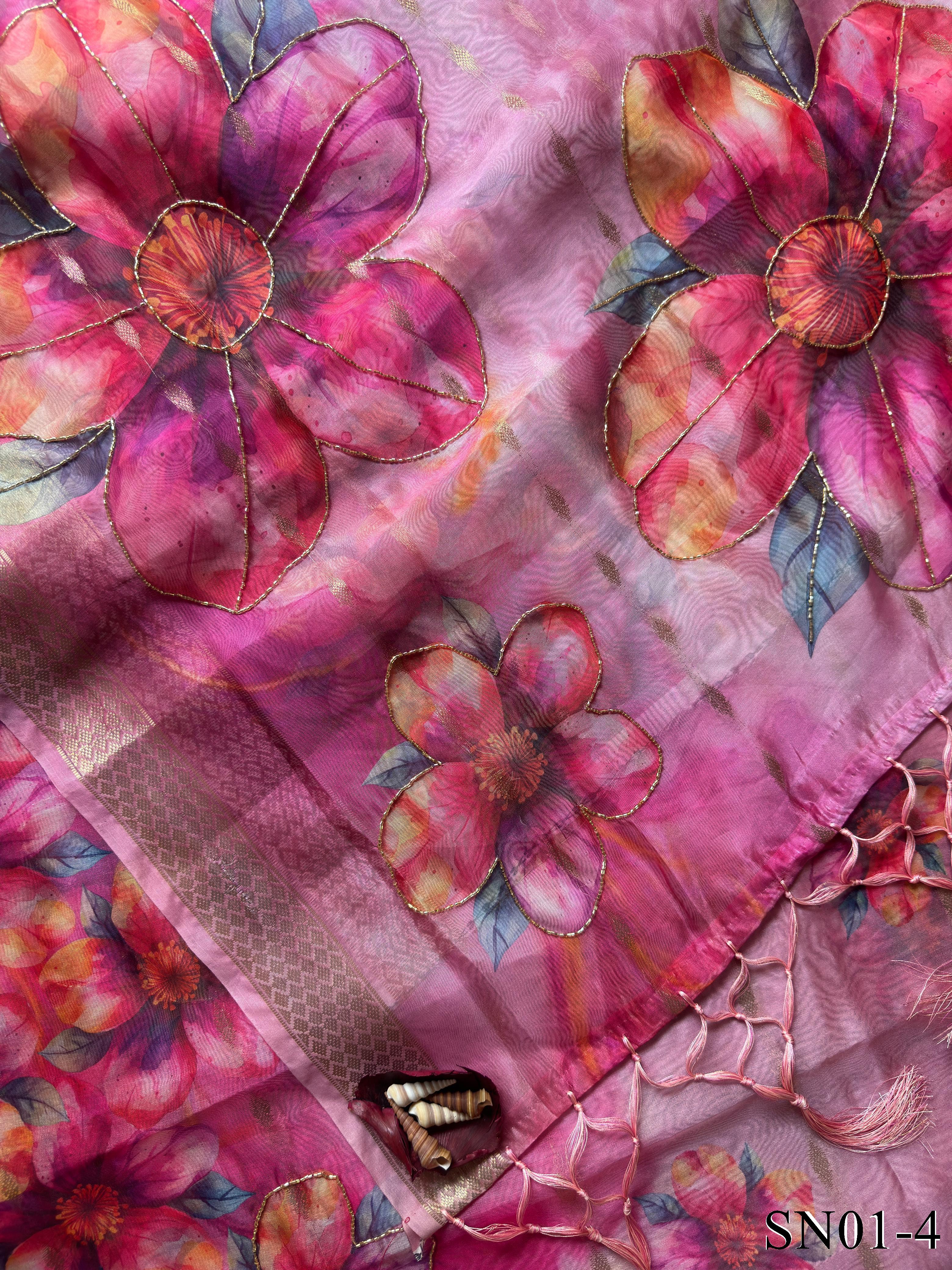 Soft Organza Digital Print With Kadana HandWork In Border Saree