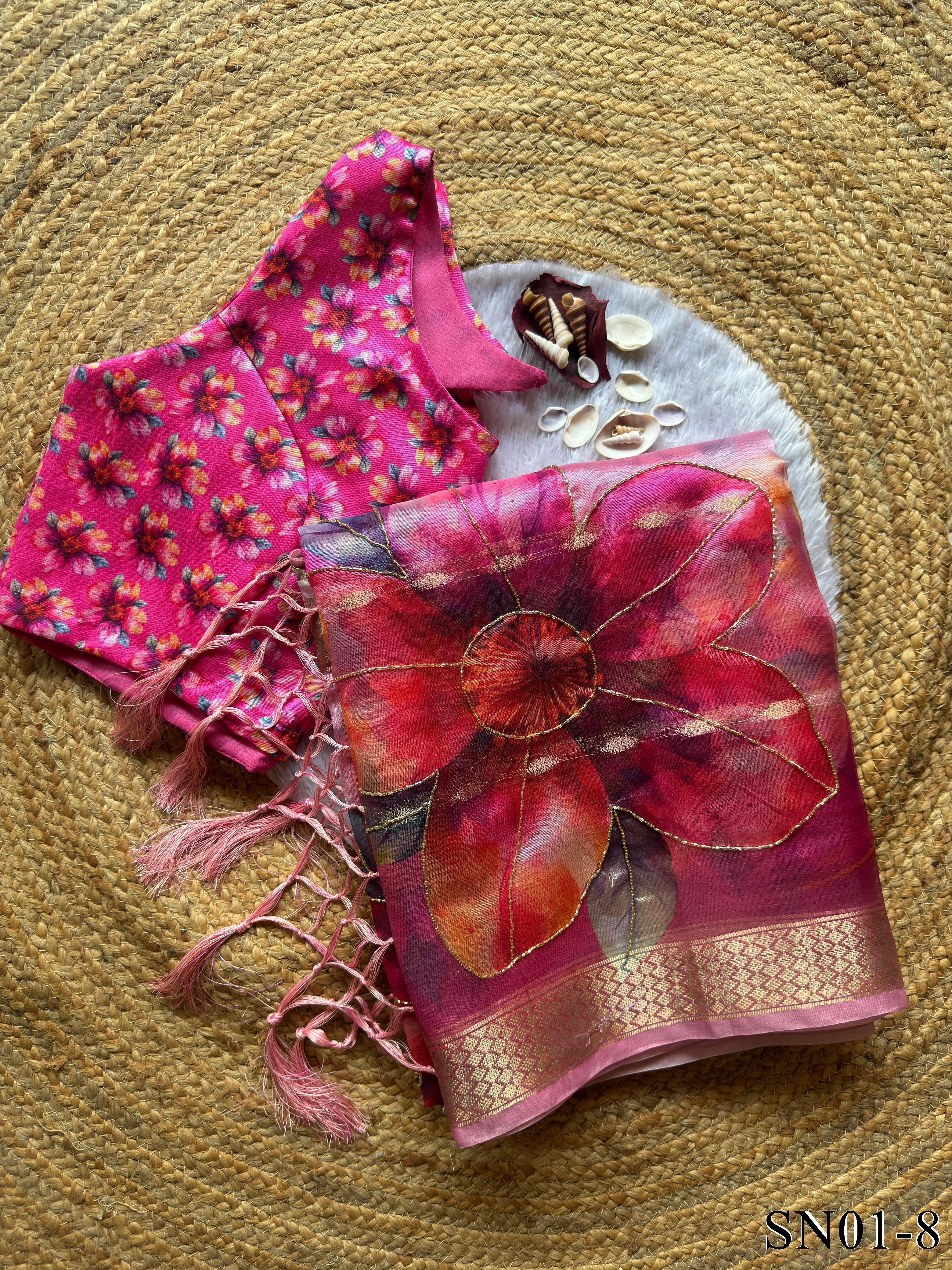 Soft Organza Digital Print With Kadana HandWork In Border Saree