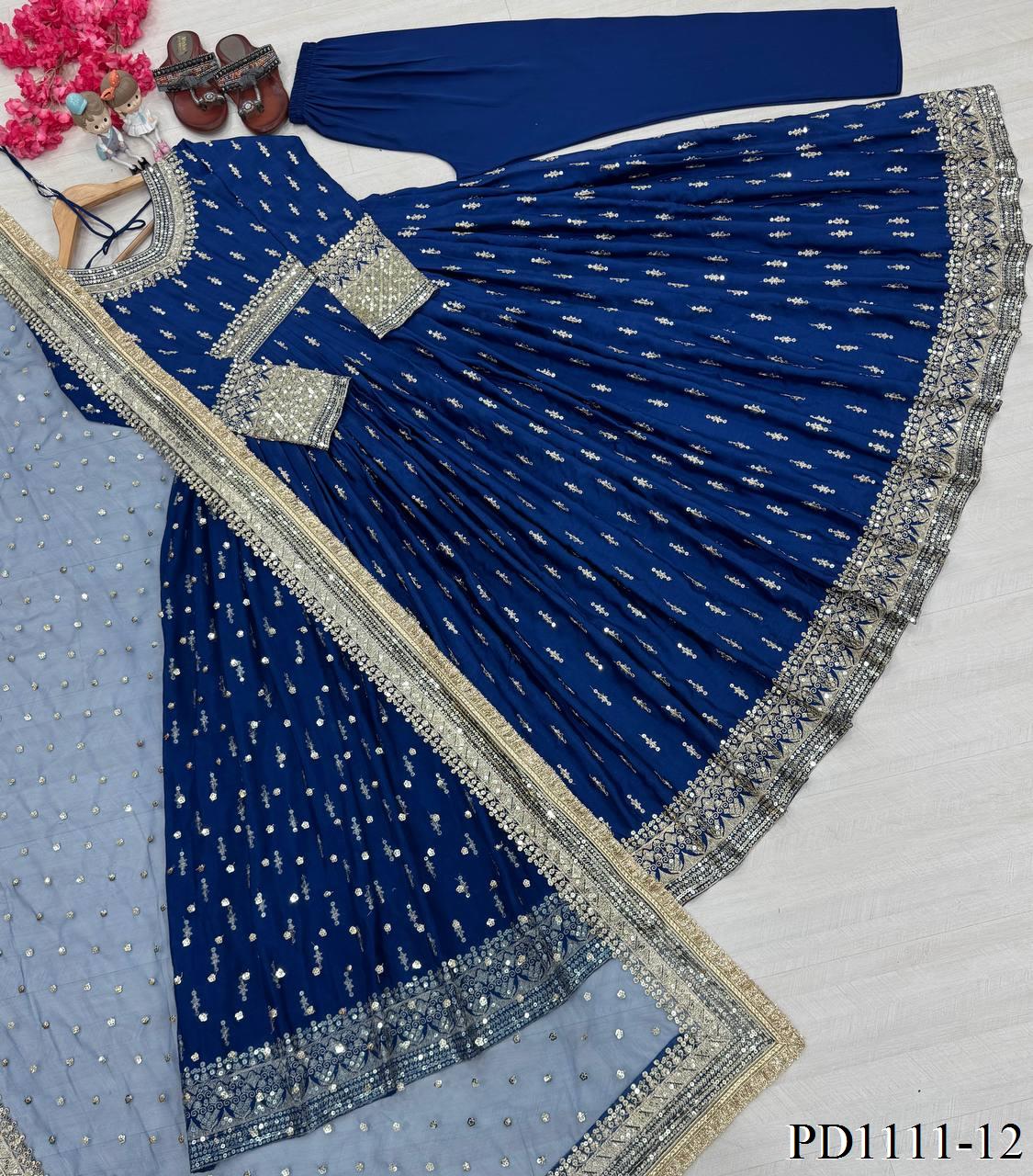 Heavy Pure Chinon Silk Embroidery Sequence Work Gown