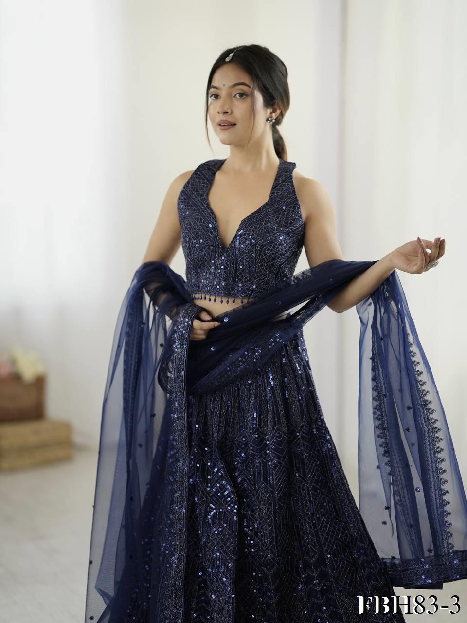 Navy Color Net Fabric Sequence & Dori Work Lehenga