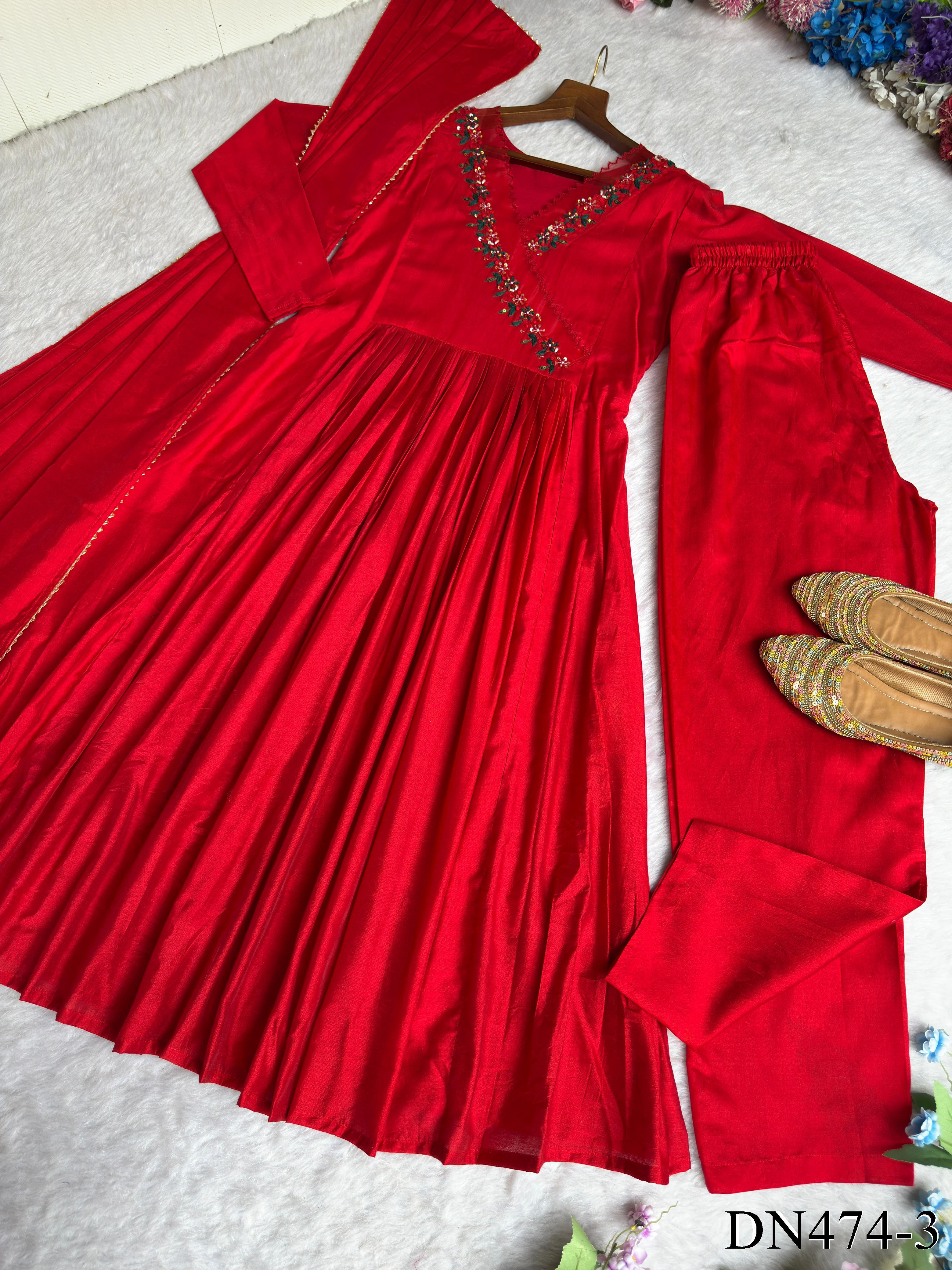 Red Color Hand Work Butter Cotton Gown