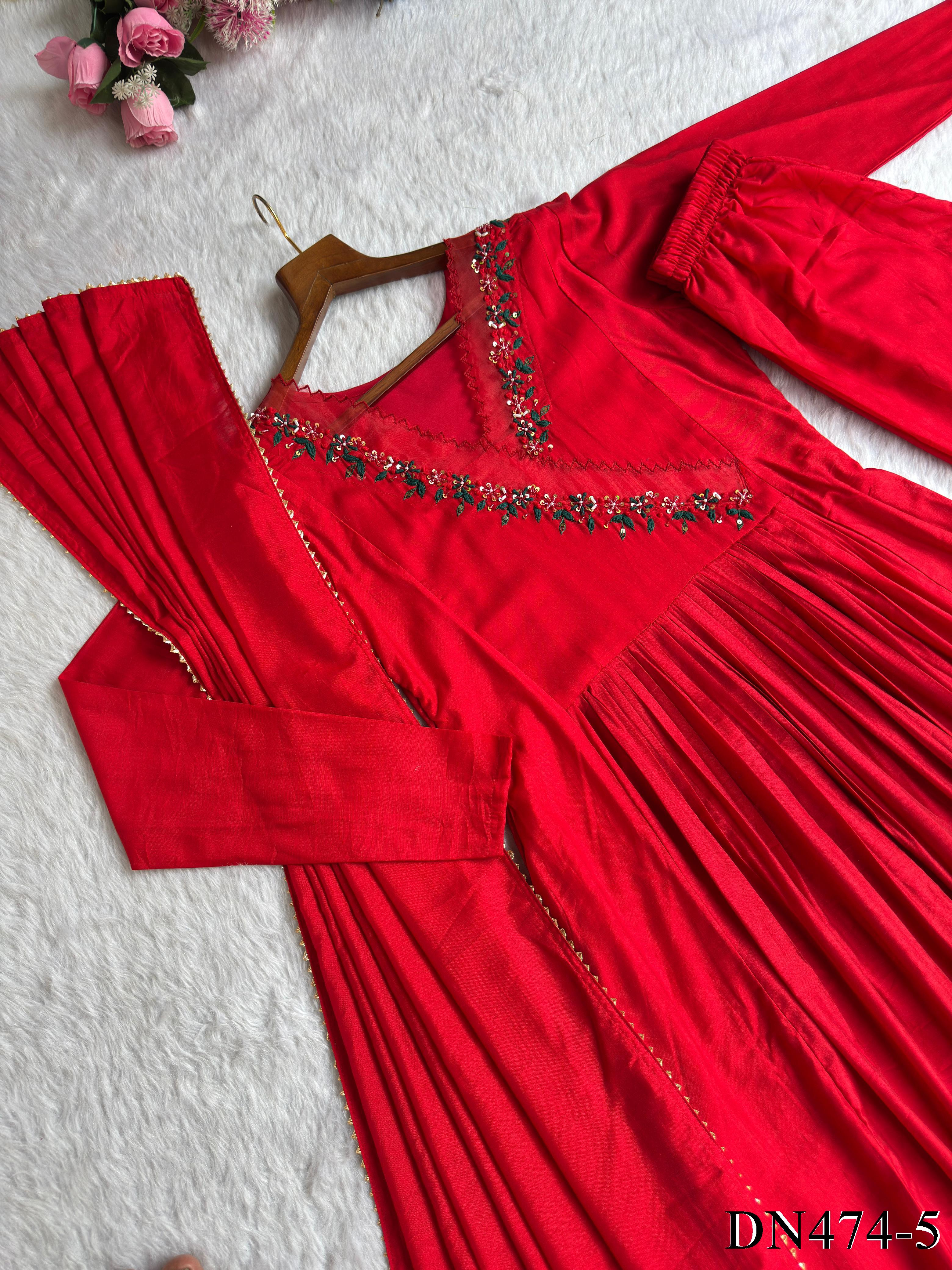 Red Color Hand Work Butter Cotton Gown