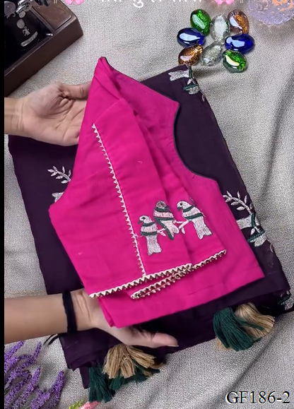 Khadi Cotton Thred Work With Collar Blouse Saree
