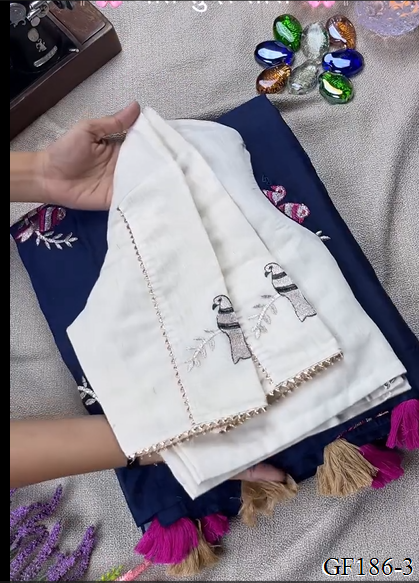 Khadi Cotton Thred Work With Collar Blouse Saree