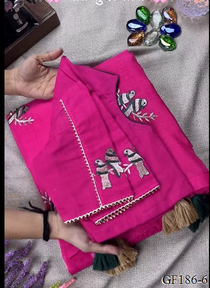 Khadi Cotton Thred Work With Collar Blouse Saree