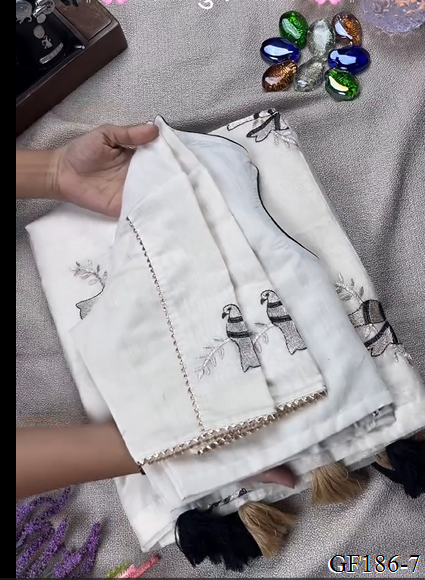Khadi Cotton Thred Work With Collar Blouse Saree