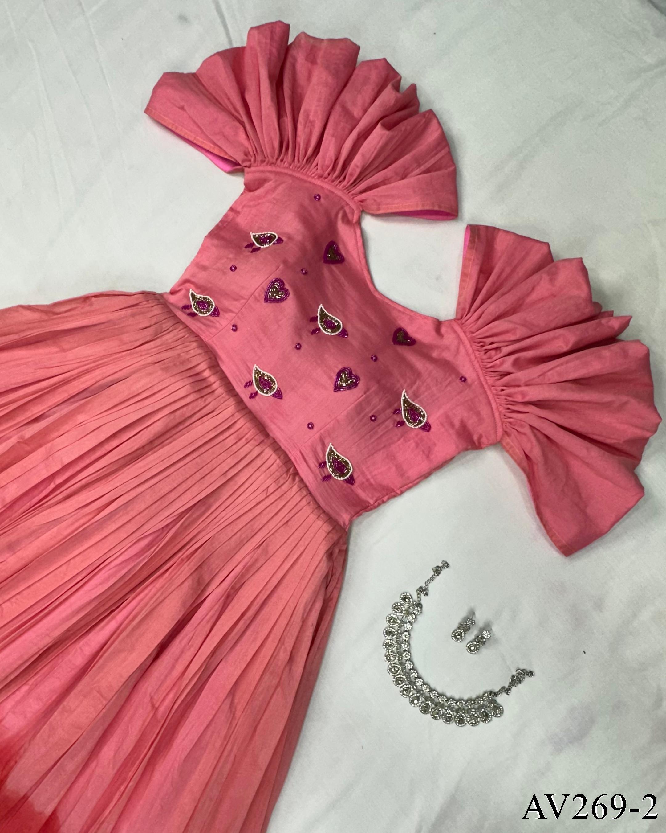 Pink Color Pure Cotton Neck Hand Work Gown