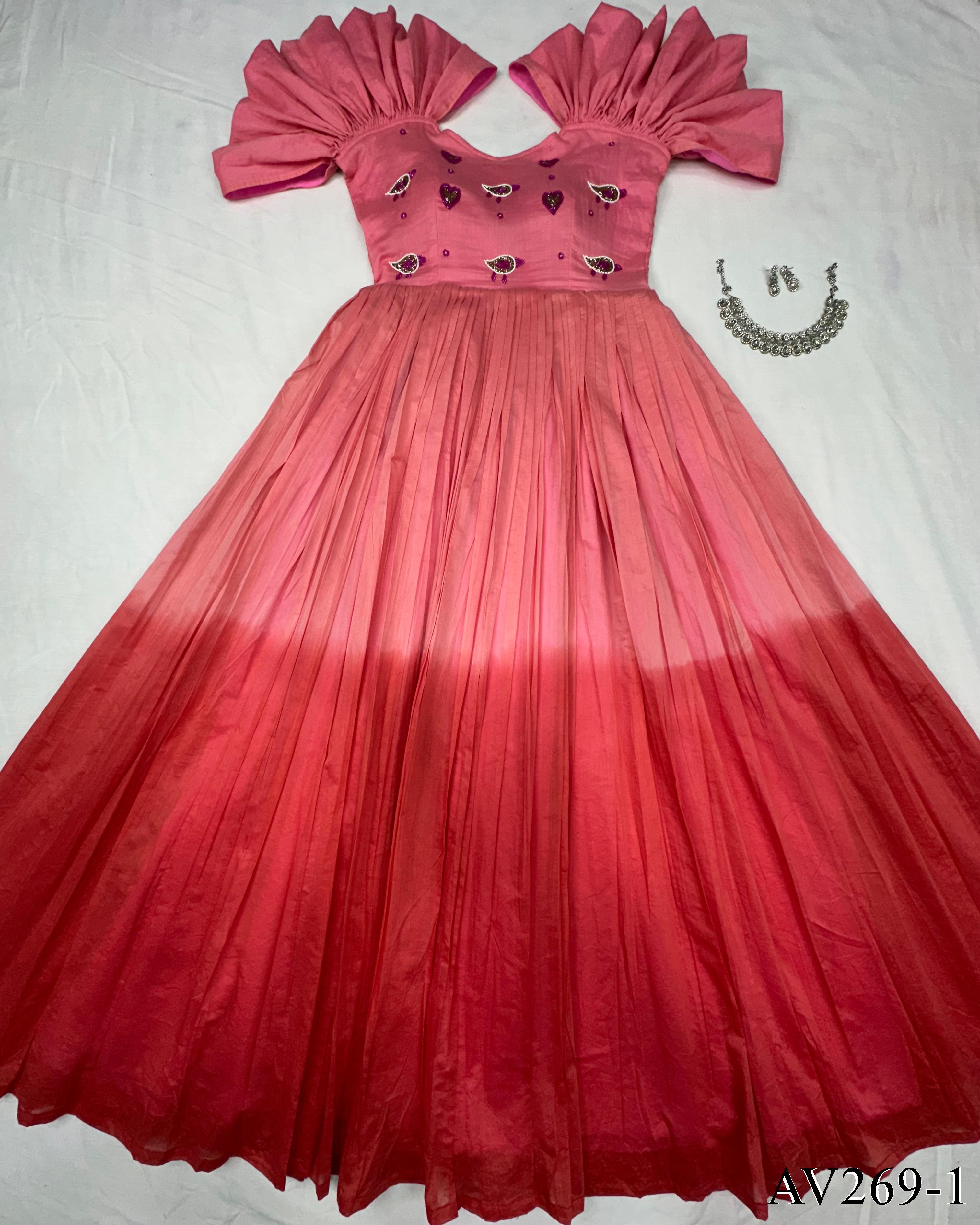 Pink Color Pure Cotton Neck Hand Work Gown