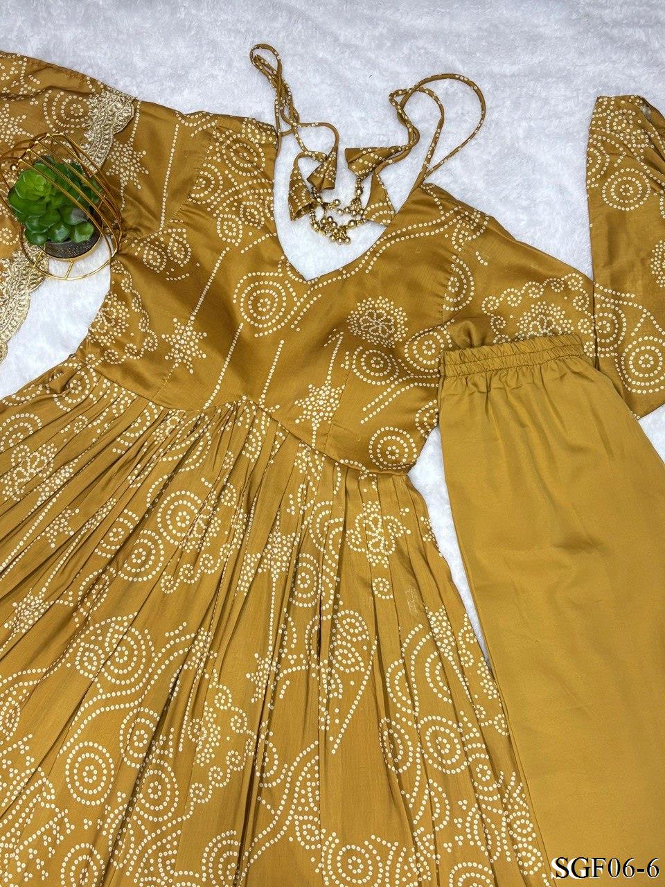Pure Soft Muslin Bandhej Print With Plain Work Anarkali