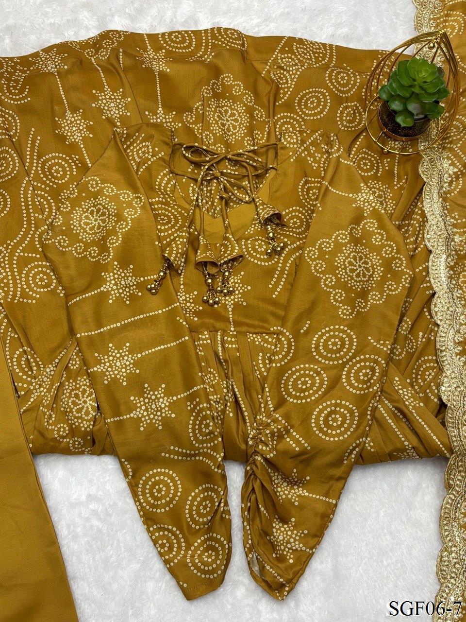 Pure Soft Muslin Bandhej Print With Plain Work Anarkali