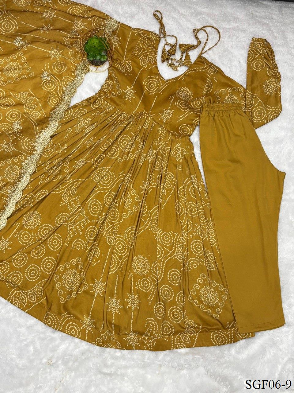 Pure Soft Muslin Bandhej Print With Plain Work Anarkali