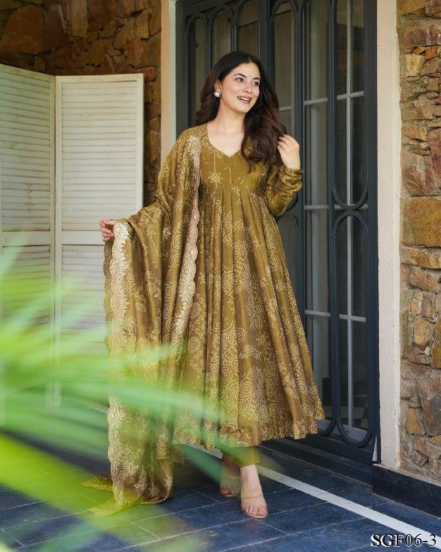 Pure Soft Muslin Bandhej Print With Plain Work Anarkali