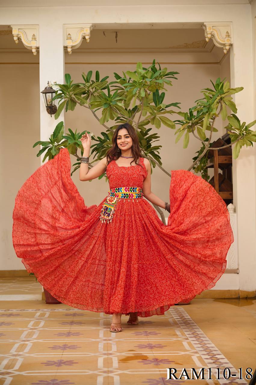 Navratri Special Bandhni Print Mirror Work With Codi Lace Gown