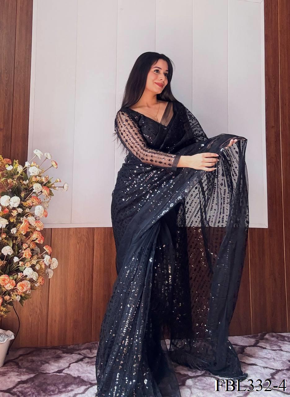 Black Color Net Fabric Heavy Sequence Work Saree