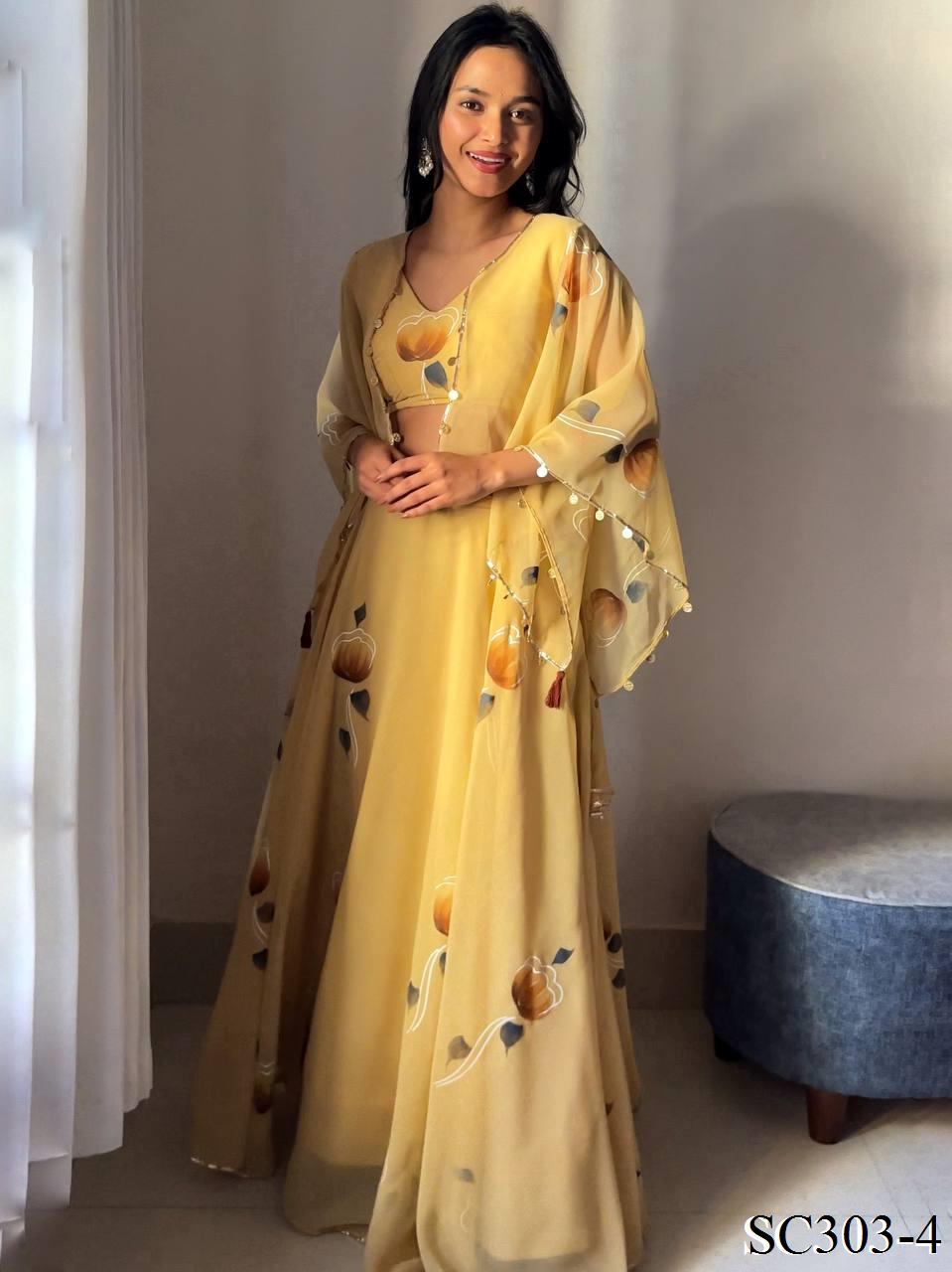 Cream Color Georgette Printed Work Lehenga