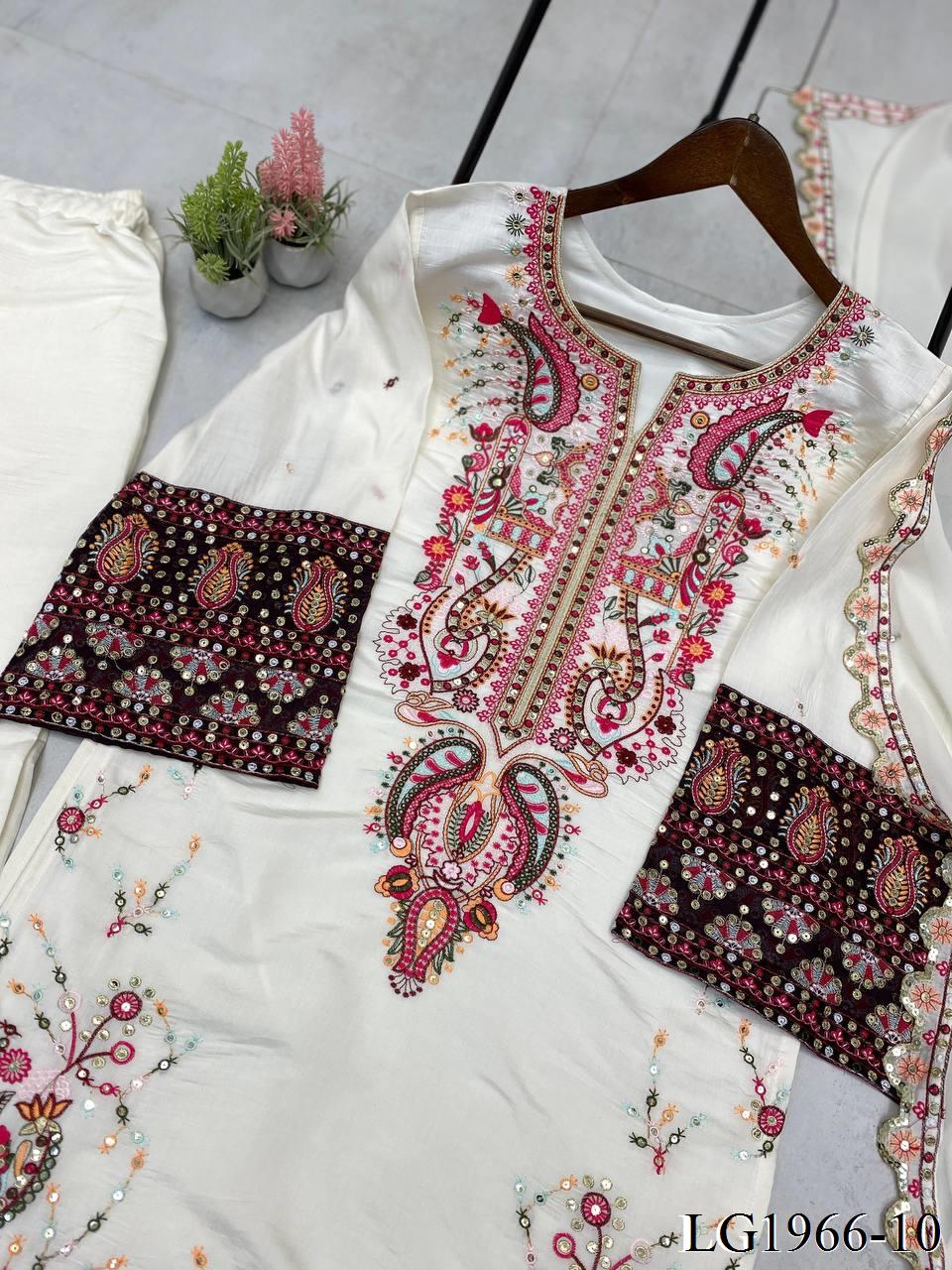 White Color Roman Silk Sequence Embroidery Work Top Plazzo