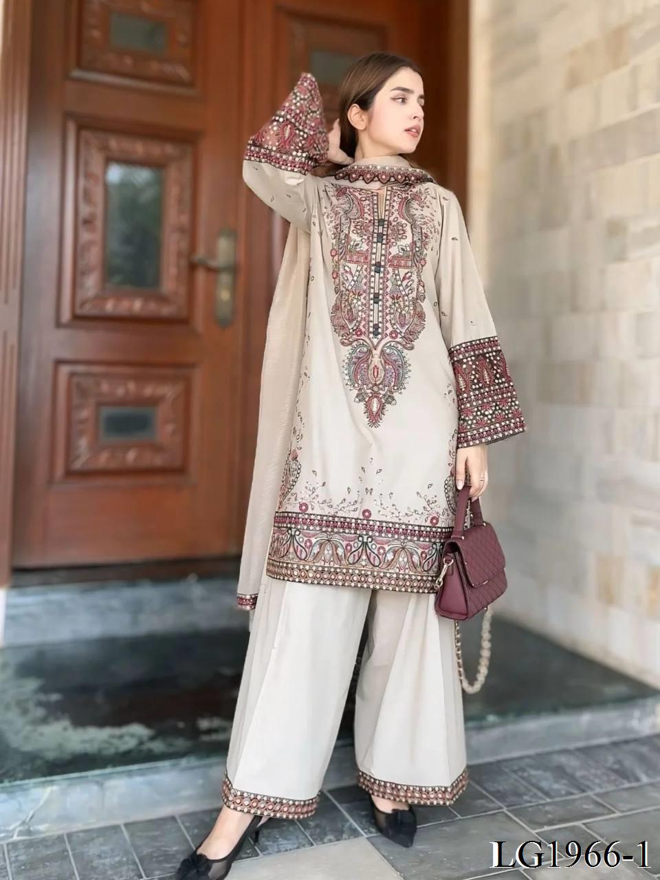 White Color Roman Silk Sequence Embroidery Work Top Plazzo