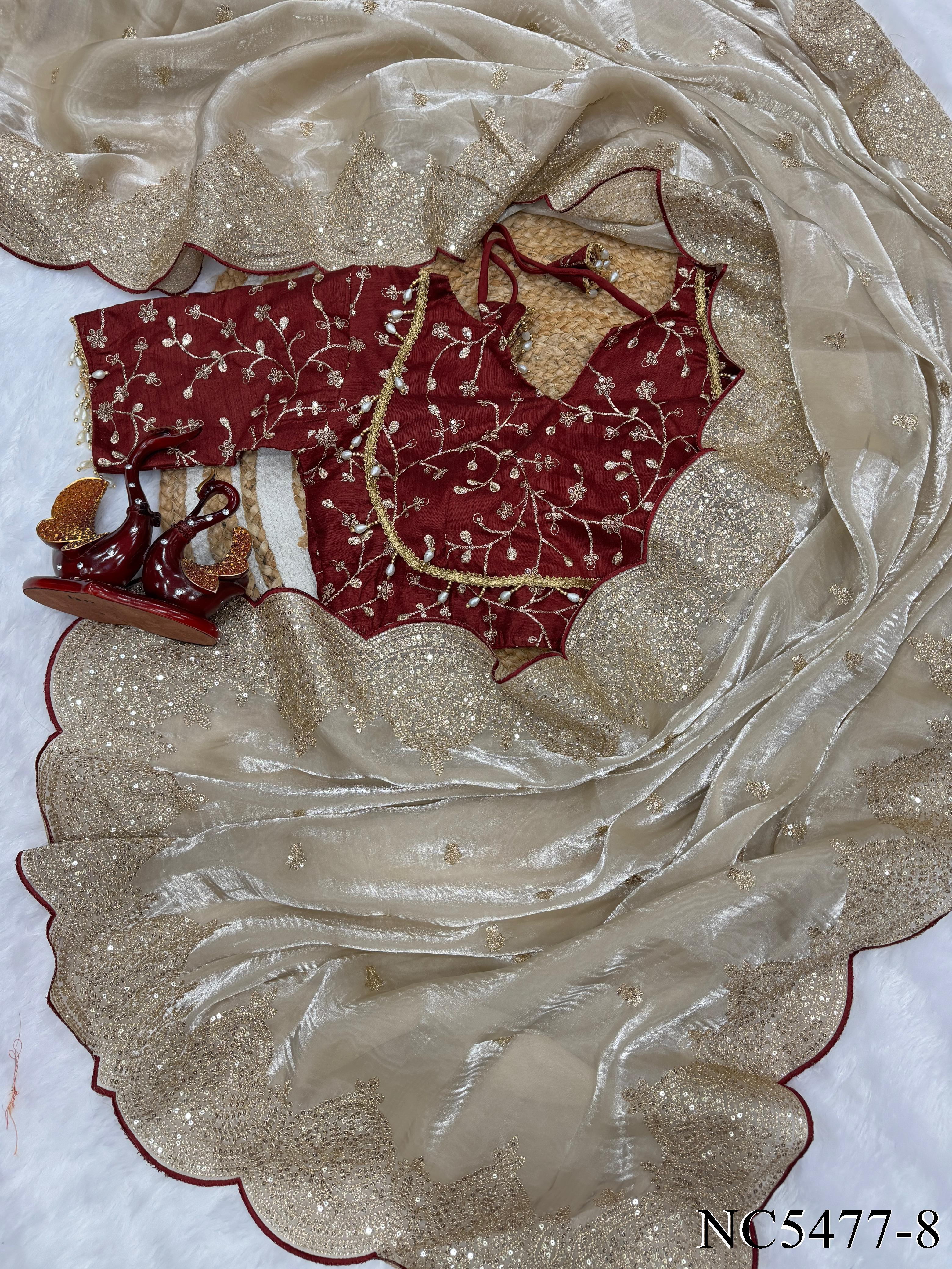 Beige Color Sequins & Zari Embroidery Work Saree