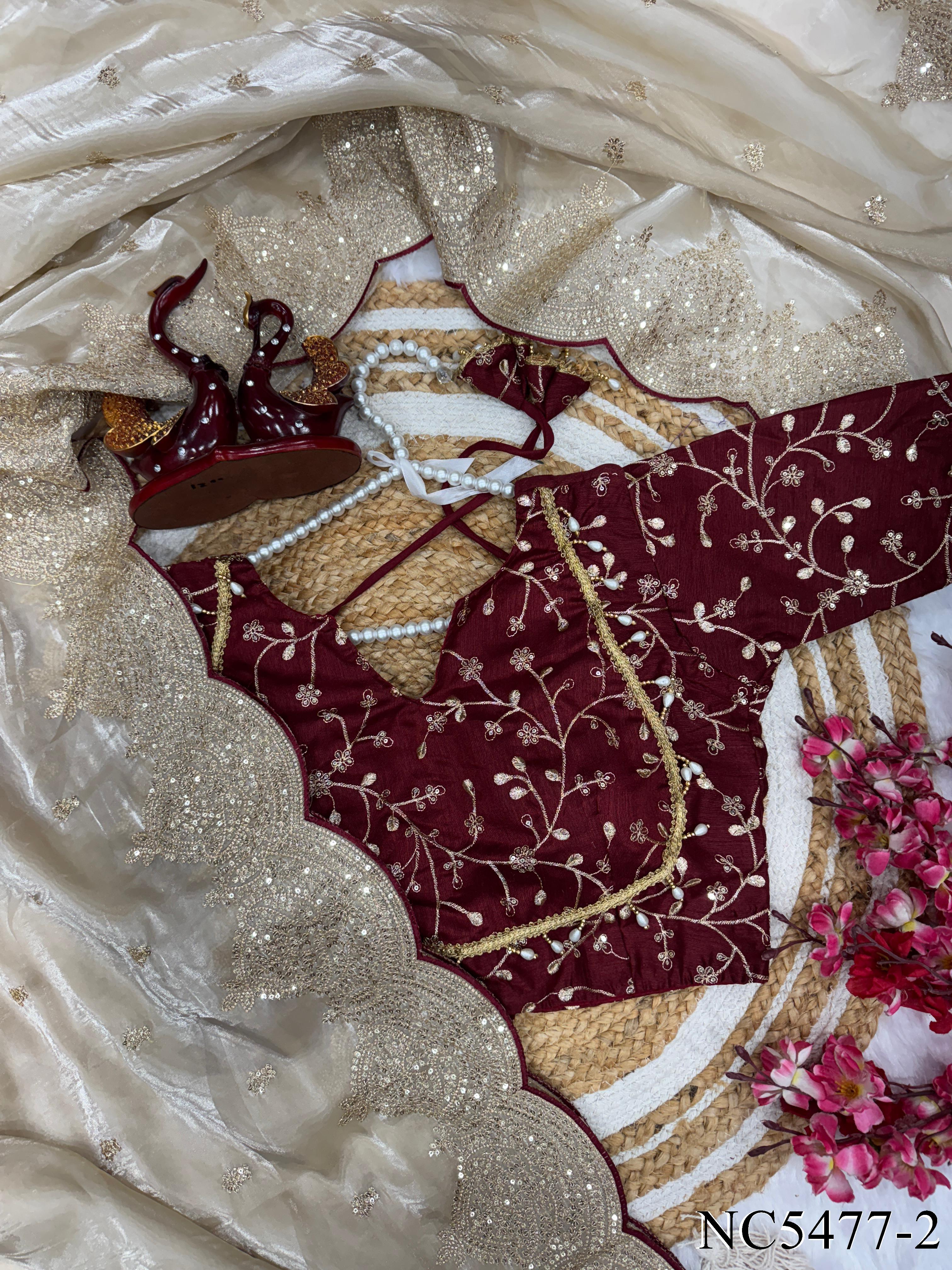 Beige Color Sequins & Zari Embroidery Work Saree