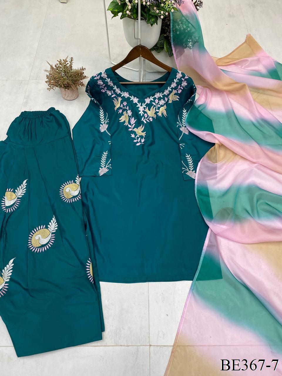 Sky Blue Color French Creap Embroidery Work Top Plazzo