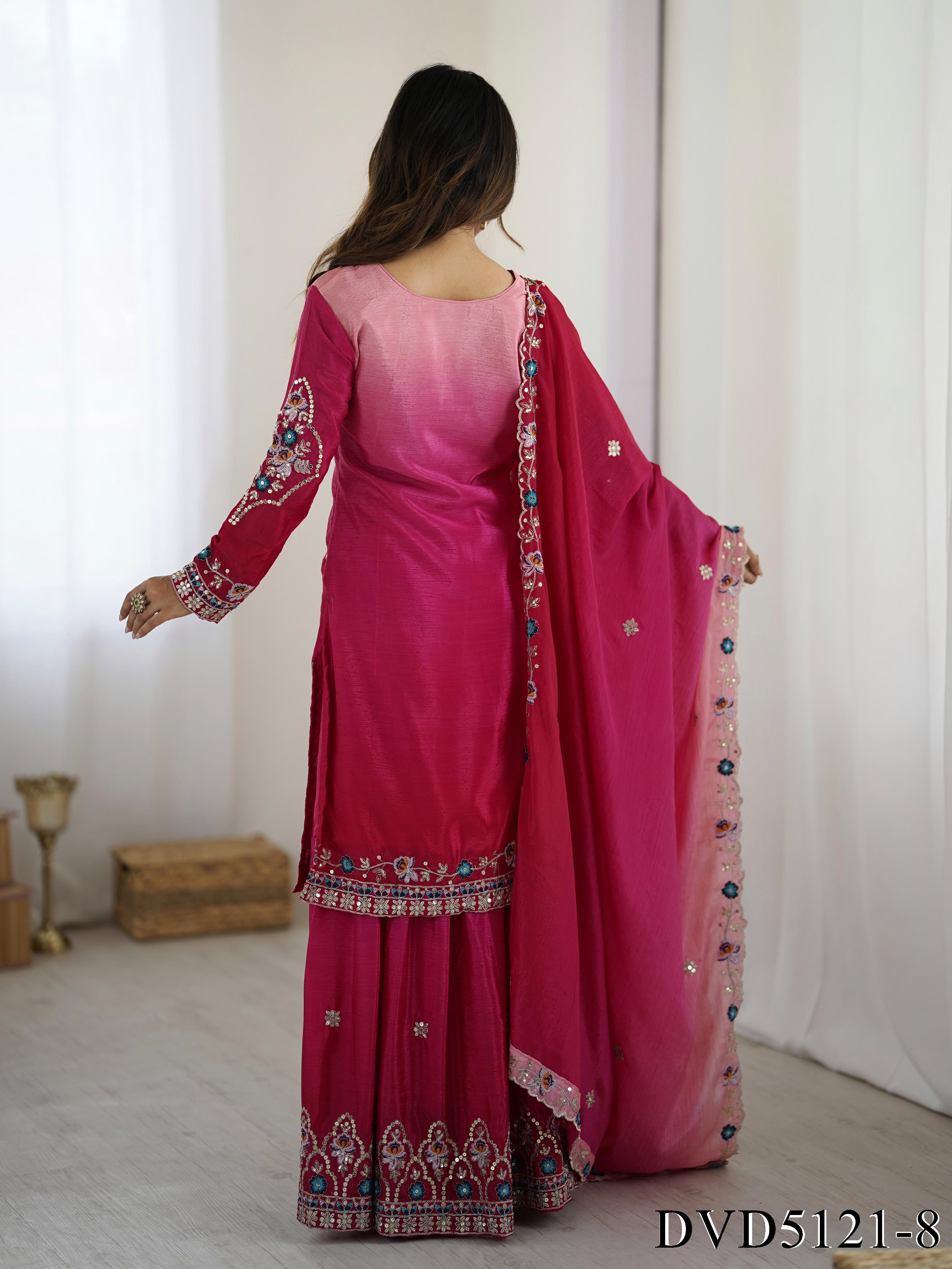 Pink Color Chinon Pedding Fabric Embroidery Work  Top Sharara