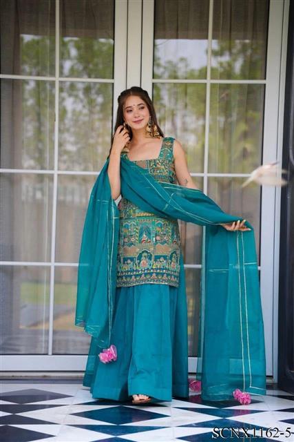 Sky Blue Color Jimmy Organza With Digital Print Top Plazzo