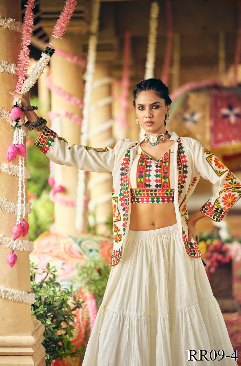 White Color Pure Cotton Embroidery Work Lehenga