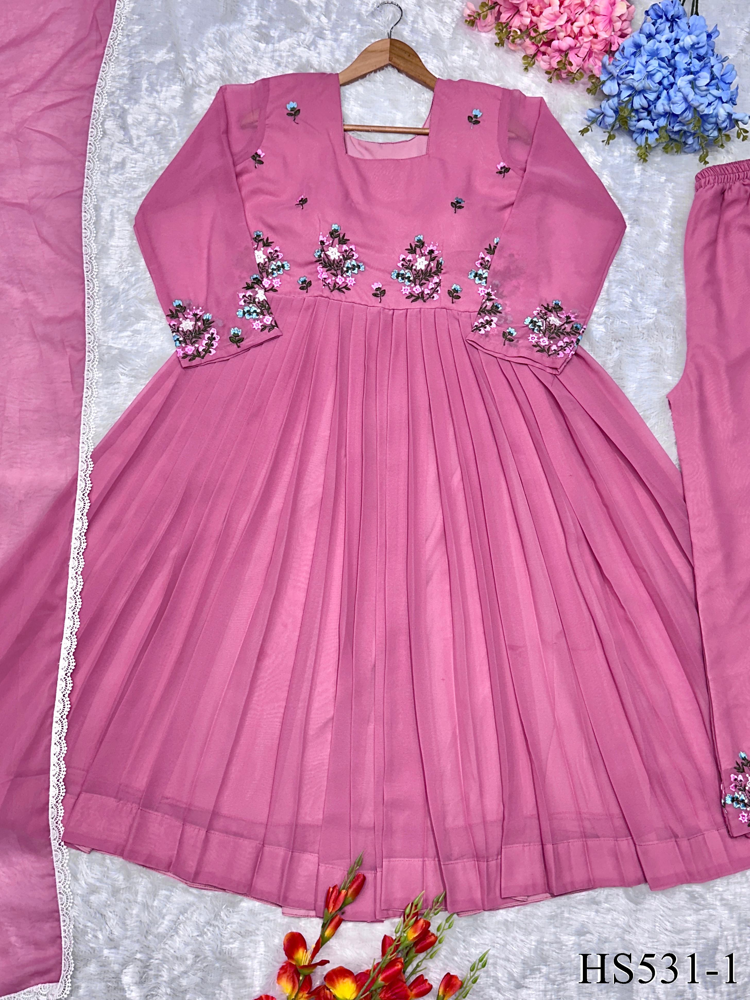 Pink Color Foux Georgette Embroidery Work Gown