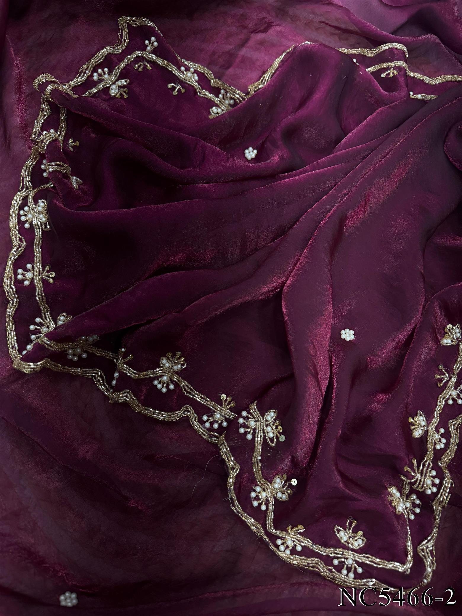 Wine Color Space Silk With Pearls Hand Work Saree
