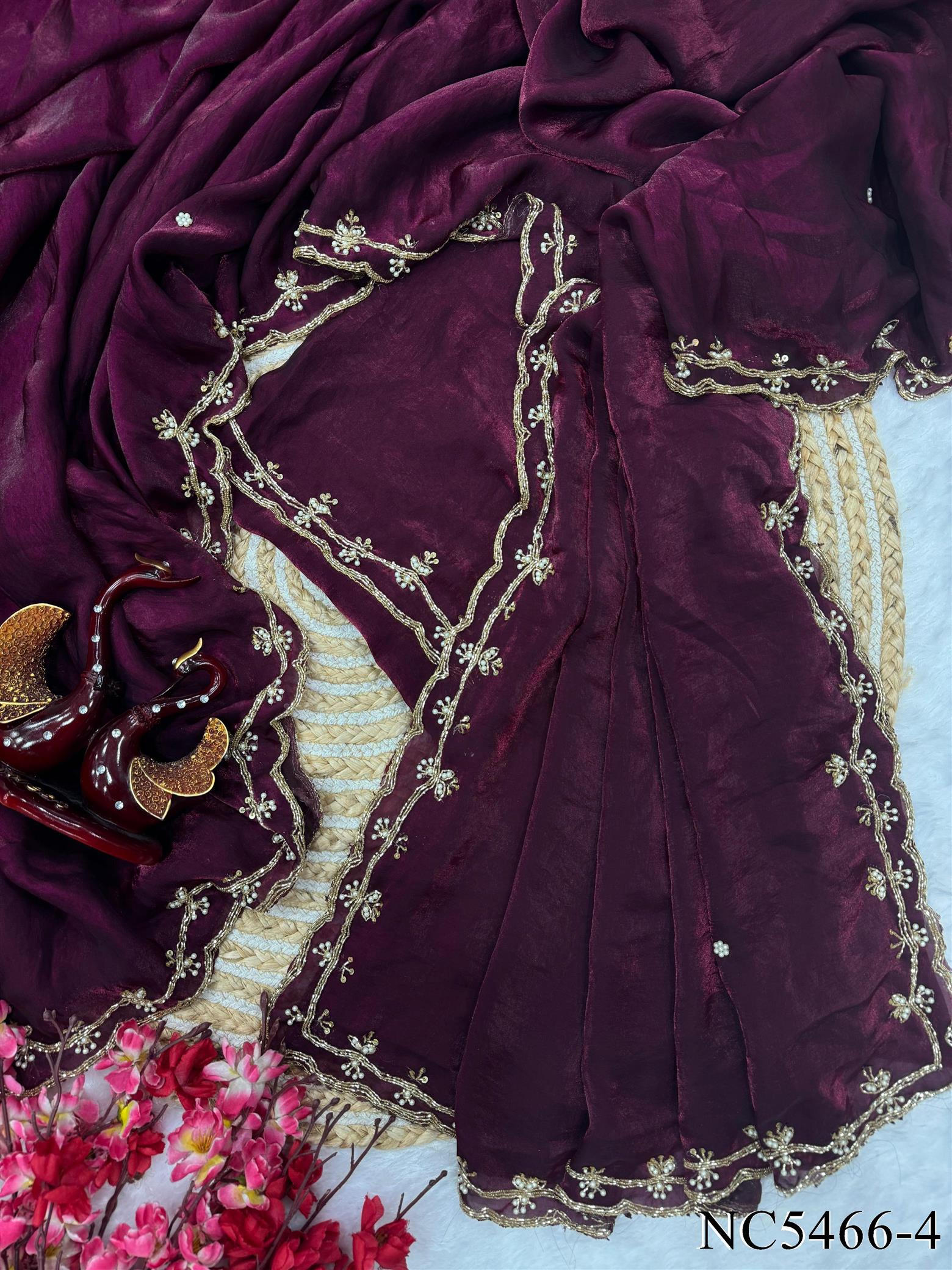Wine Color Space Silk With Pearls Hand Work Saree