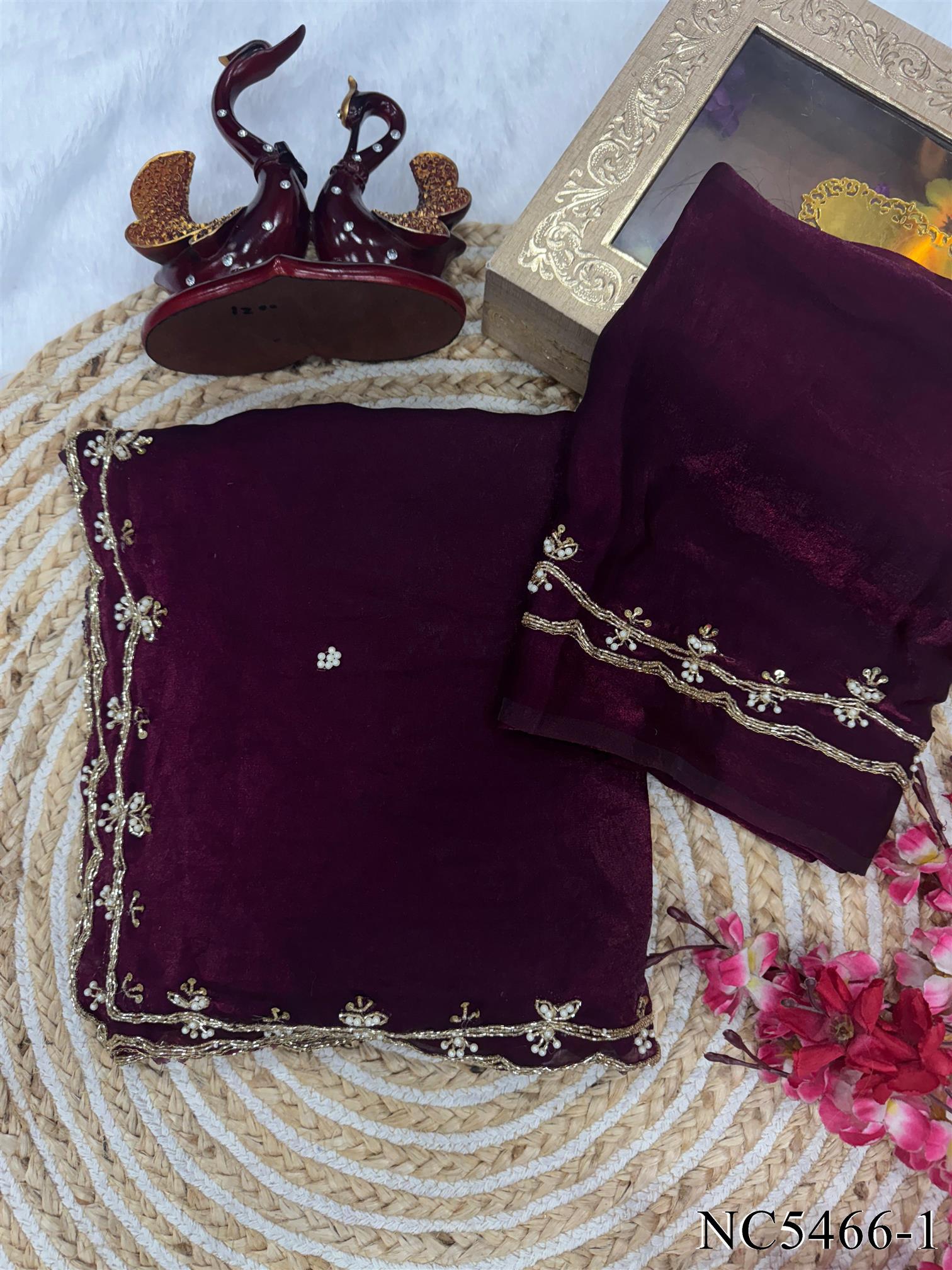 Wine Color Space Silk With Pearls Hand Work Saree