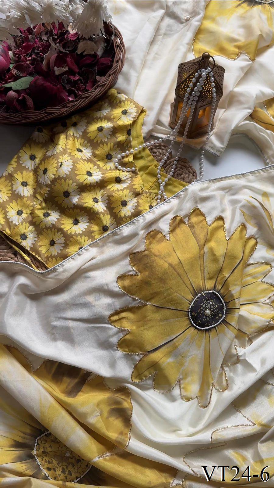 Yellow Color Crepe Satin Silk With Digital Print Work Saree