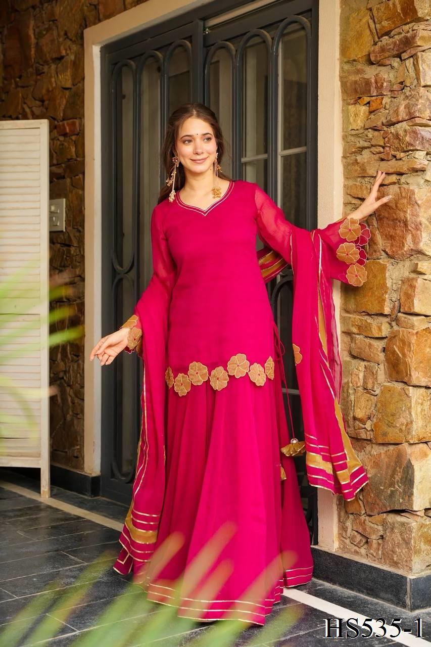 Red Color Elegant Fox Georgette Embroidered Plazzo Set with Gota Dupatta