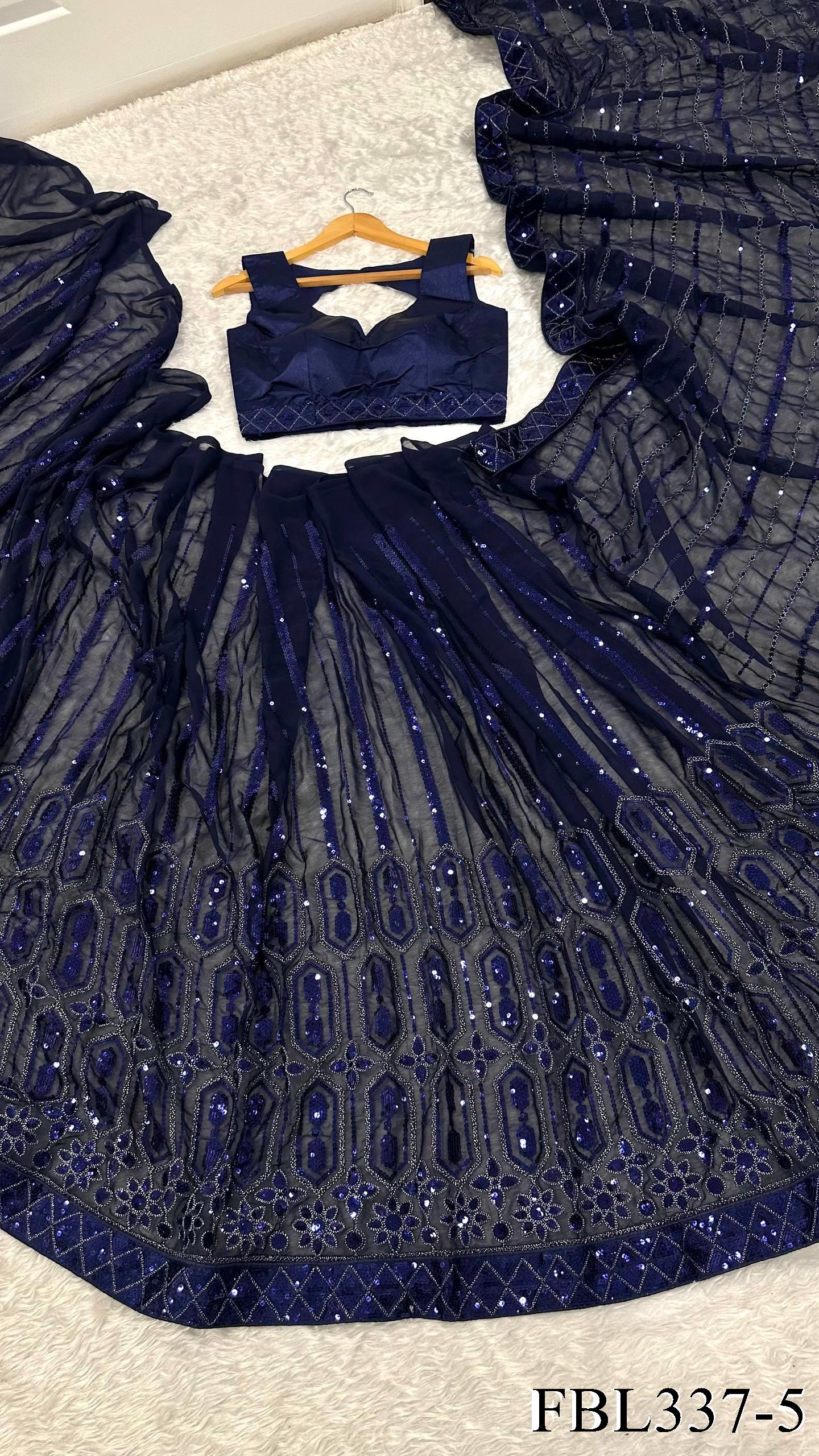Blue Color Georgette Sequins Work With Thread Work Saree