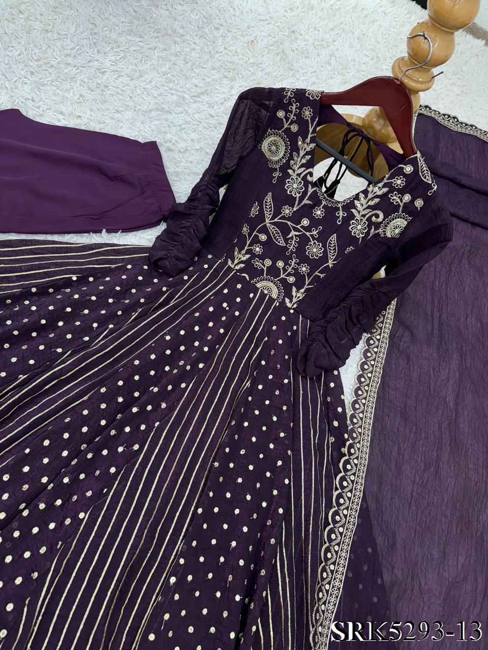 Purple Color Crunchy Silk Embroidery Work Top Plazzo