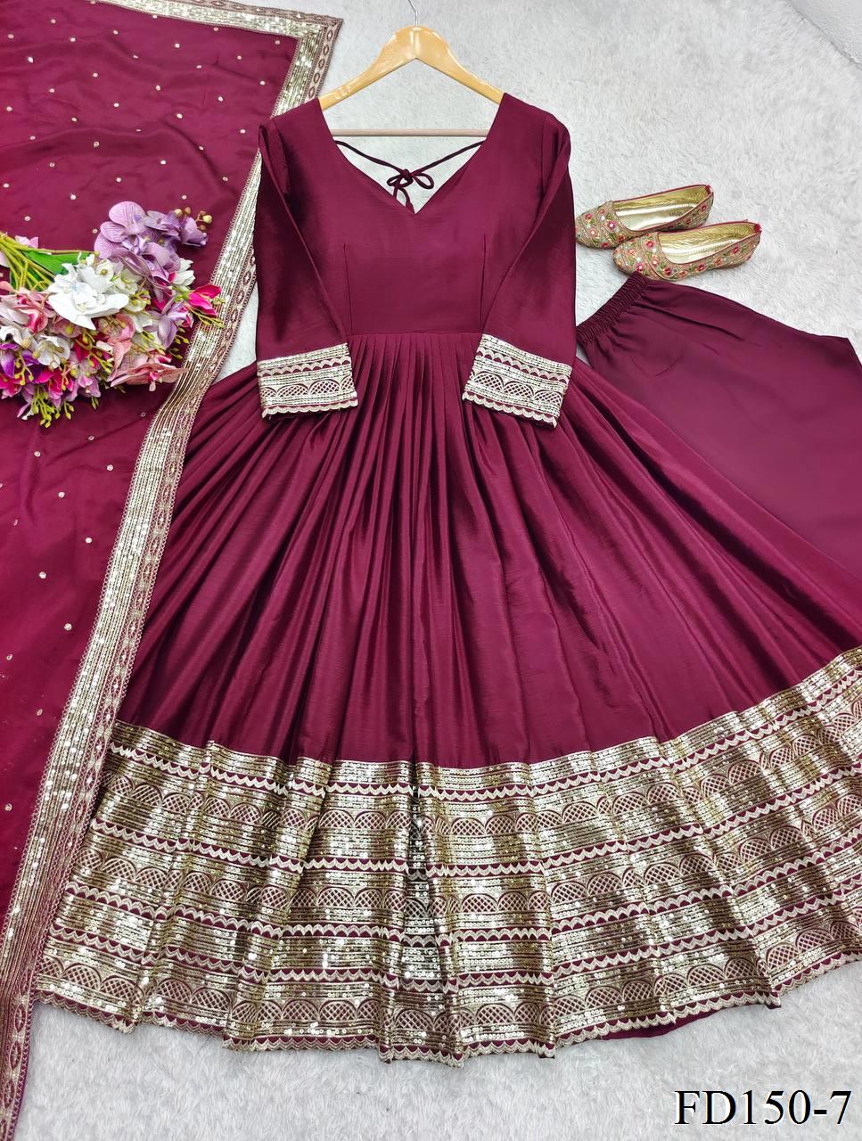 Wine Color Chinon Silk Embroidery Work Gown