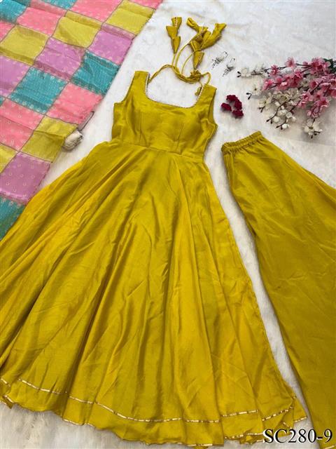Chinnon Silk With Plain Work And Full Stitched Anarakali Gown