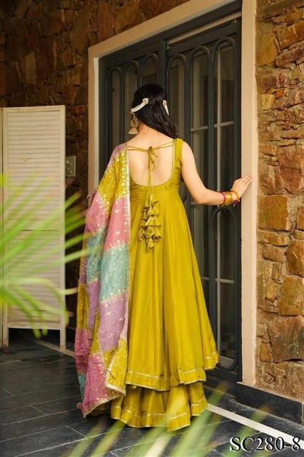 Chinnon Silk With Plain Work And Full Stitched Anarakali Gown