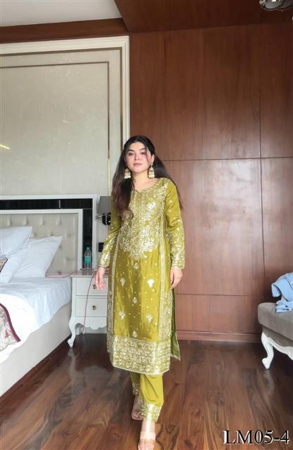 Violate Color Chinon Sequience Embroidery Work Kurti Pent
