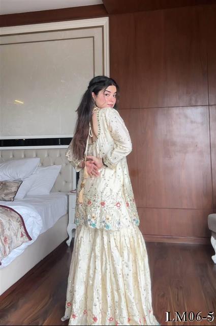 Off White Color Chinon Fabric With Embroidery Work Kurti Sharara