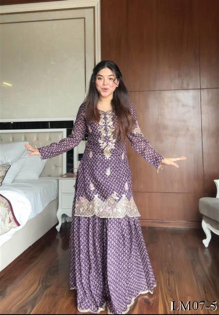 Purple Color Printed Chinon Embroidery Work Kurti Sharara