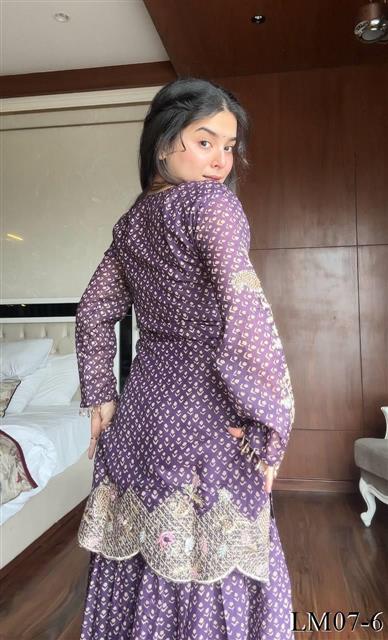 Purple Color Printed Chinon Embroidery Work Kurti Sharara