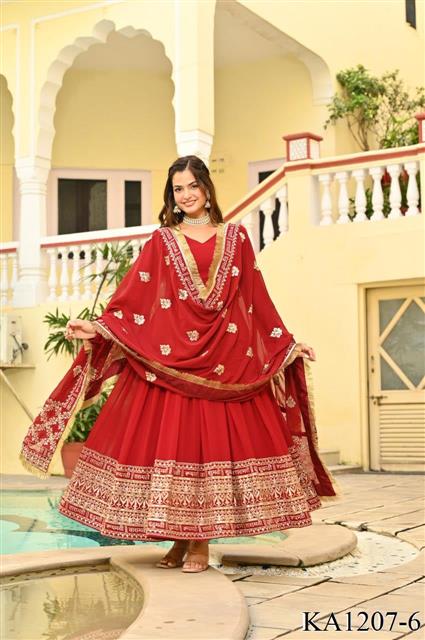 Red Color Faux Blooming Embroidery Zari Work Gown