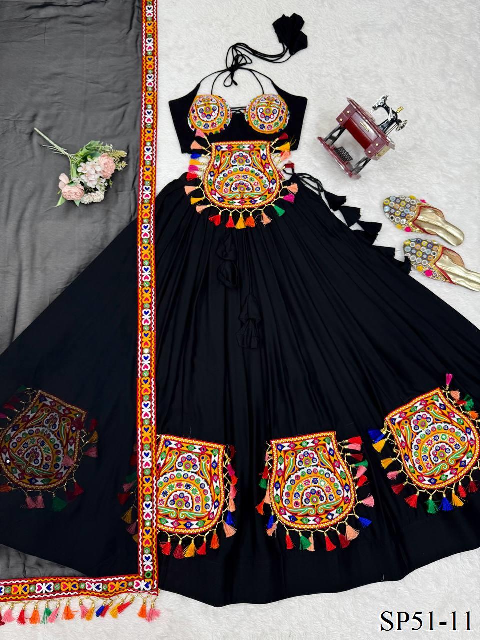 Black Color Heavy Reyon Fabric With Gamthi Work Lehenga Choli