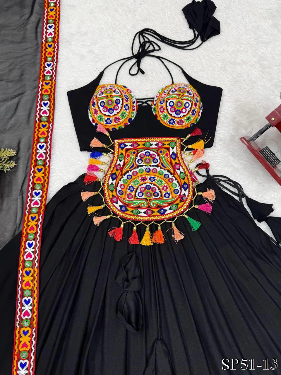 Black Color Heavy Reyon Fabric With Gamthi Work Lehenga Choli