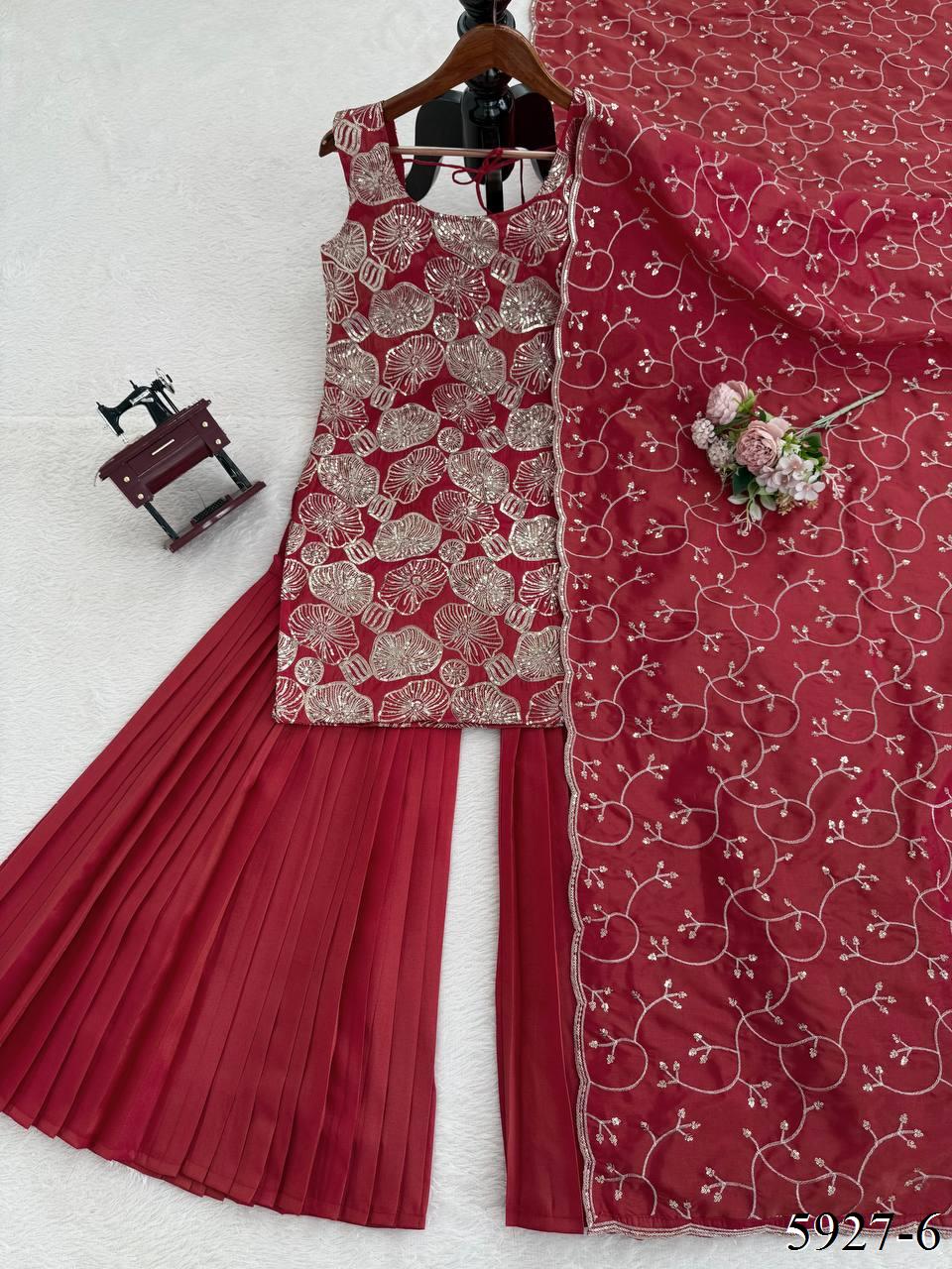 Maroon Color Simmer Silk With Thread And Sequience Work Top Sharara