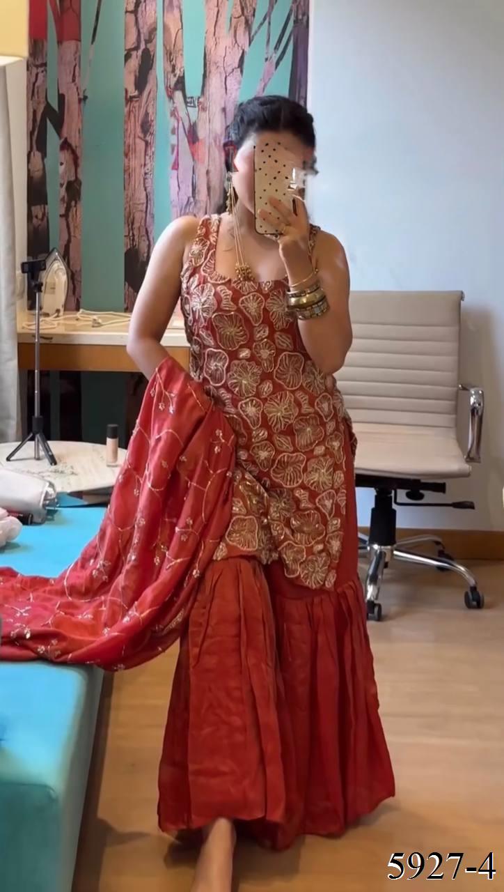 Maroon Color Simmer Silk With Thread And Sequience Work Top Sharara